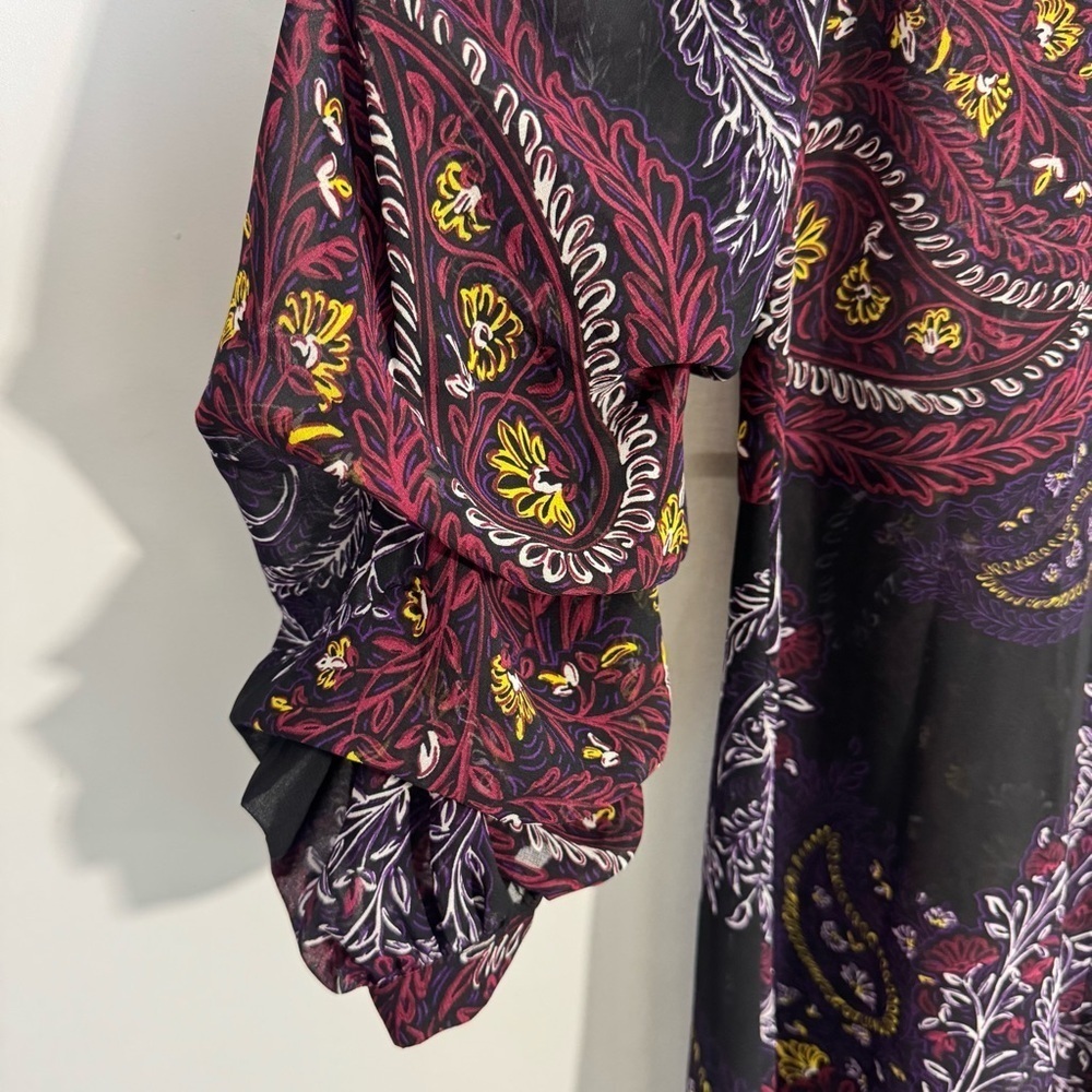 Melanie Lyne Puff Sleeve Blouse 4 Dark Paisley Floral Longline Button Up Shirt - Picture 3 of 11